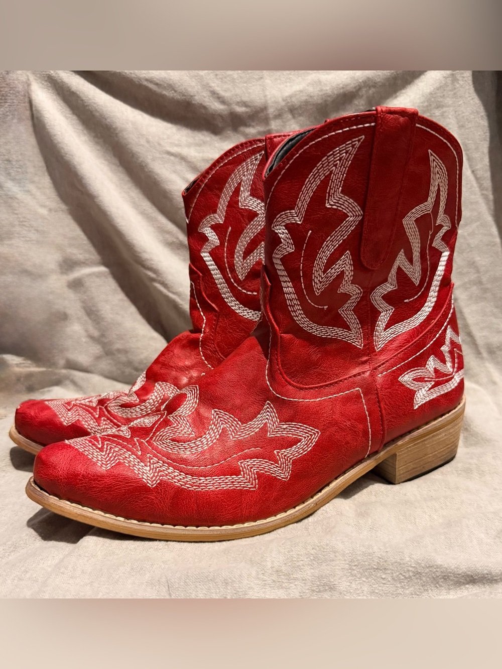 Red Western Cowboy Ankle Boots Embroidered Size 38 US 7.5